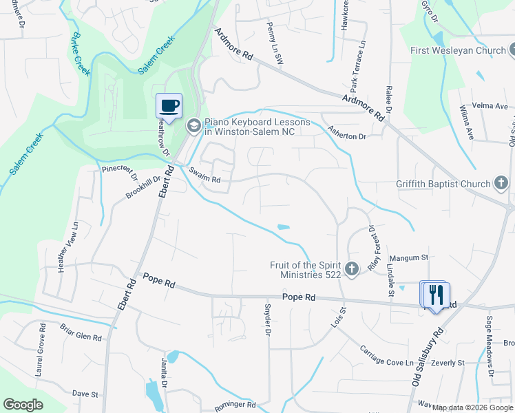 map of restaurants, bars, coffee shops, grocery stores, and more near 3628 Tea Berry Ridge Road in Winston-Salem