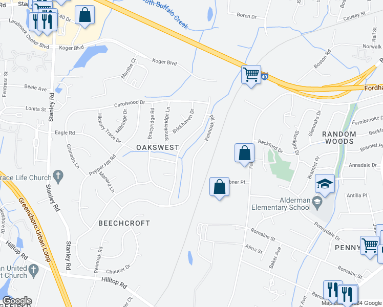 map of restaurants, bars, coffee shops, grocery stores, and more near 4630 Pennoak Road in Greensboro