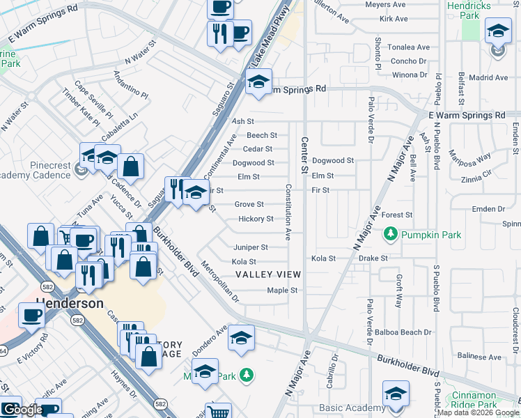 map of restaurants, bars, coffee shops, grocery stores, and more near 121 Grove Street in Henderson