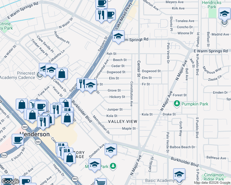 map of restaurants, bars, coffee shops, grocery stores, and more near 111 Hickory Street in Henderson