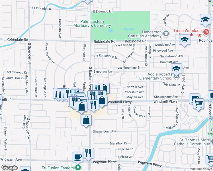 map of restaurants, bars, coffee shops, grocery stores, and more near 2550 Begonia Valley Avenue in Henderson