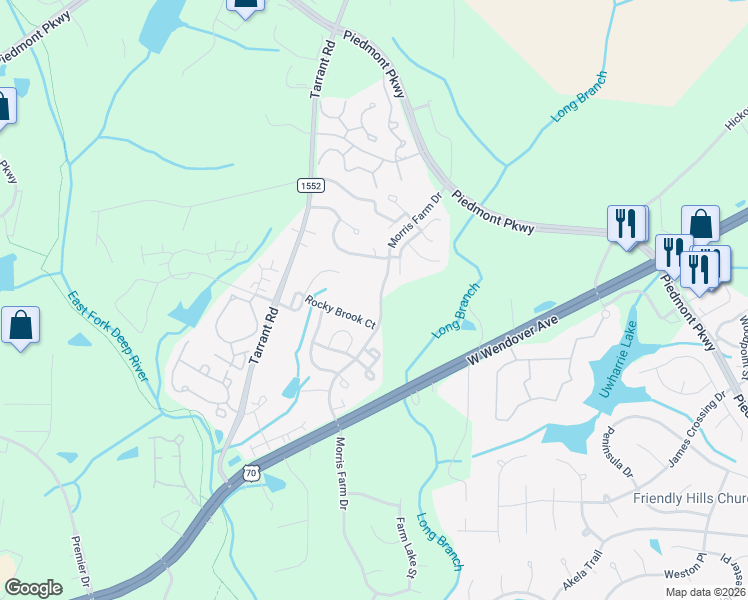 map of restaurants, bars, coffee shops, grocery stores, and more near 4342 Rocky Brook Court in Greensboro
