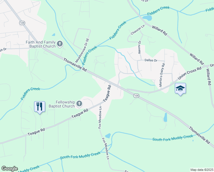 map of restaurants, bars, coffee shops, grocery stores, and more near 1299 Teague Road in Winston-Salem