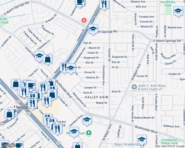 map of restaurants, bars, coffee shops, grocery stores, and more near 119 Grove Street in Henderson