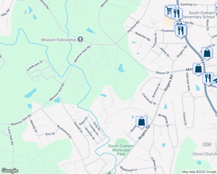 map of restaurants, bars, coffee shops, grocery stores, and more near 600 Trail's End Drive in Graham