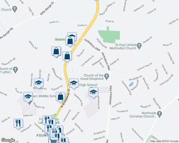 map of restaurants, bars, coffee shops, grocery stores, and more near 5512 Rosebay Road in Knoxville