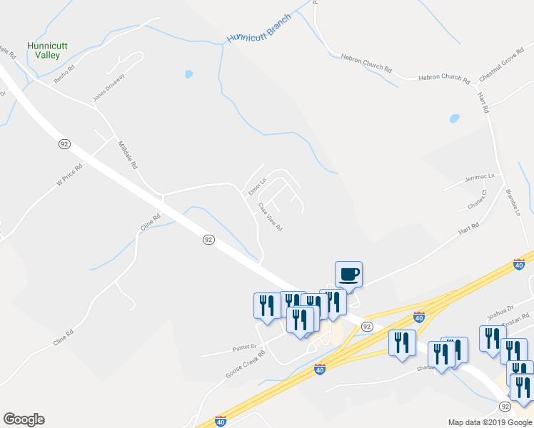map of restaurants, bars, coffee shops, grocery stores, and more near Case View Road in Dandridge