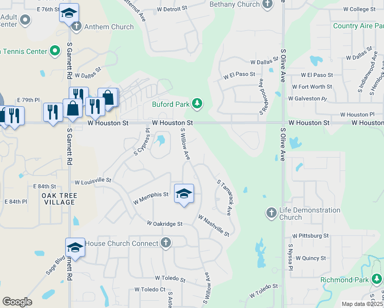 map of restaurants, bars, coffee shops, grocery stores, and more near 913 South Yellowood Avenue in Broken Arrow