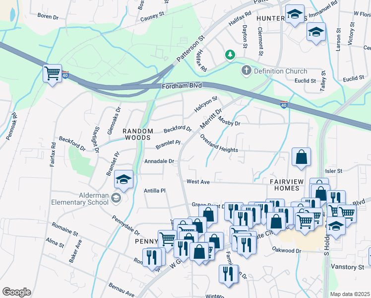 map of restaurants, bars, coffee shops, grocery stores, and more near 1913 Merritt Drive in Greensboro