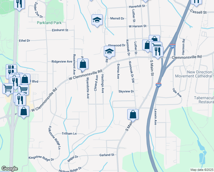 map of restaurants, bars, coffee shops, grocery stores, and more near Rock Crest Drive in Winston-Salem