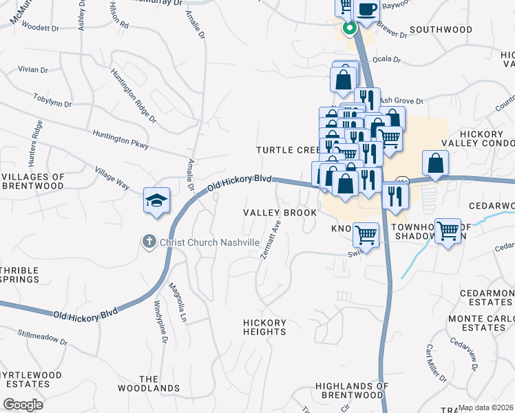 map of restaurants, bars, coffee shops, grocery stores, and more near 520 Zermatt Avenue in Nashville
