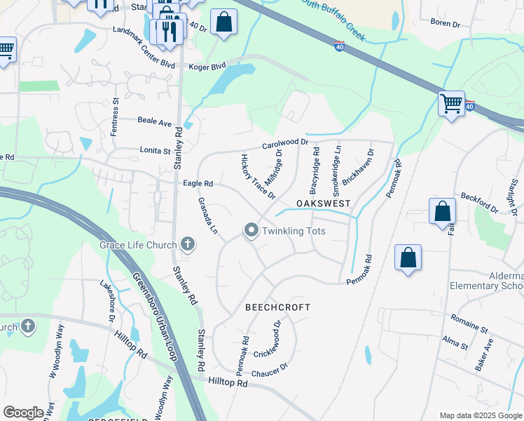 map of restaurants, bars, coffee shops, grocery stores, and more near 1129 Eagle Road in Greensboro