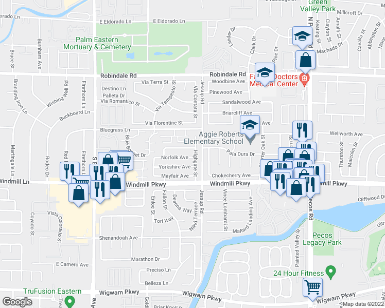 map of restaurants, bars, coffee shops, grocery stores, and more near 2800 Norfolk Avenue in Henderson