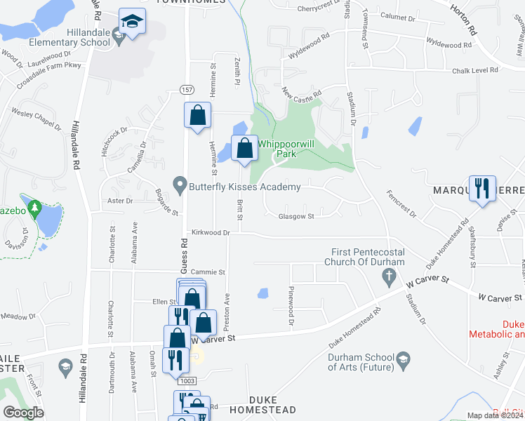 map of restaurants, bars, coffee shops, grocery stores, and more near 1701 Glasgow Street in Durham