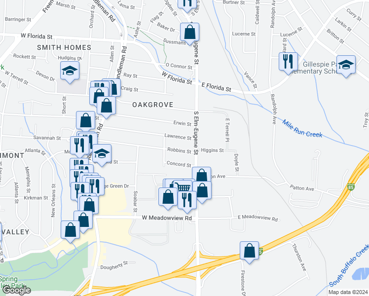 map of restaurants, bars, coffee shops, grocery stores, and more near 110 Robbins Street in Greensboro