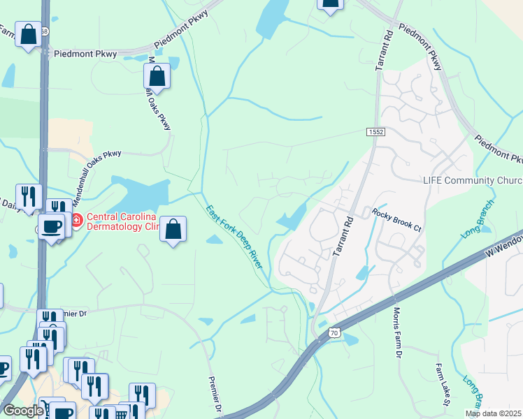 map of restaurants, bars, coffee shops, grocery stores, and more near 3623 Sainsbury Lane in Greensboro