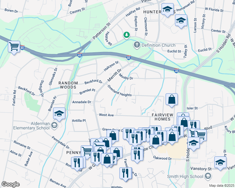 map of restaurants, bars, coffee shops, grocery stores, and more near 3938 Overland Heights in Greensboro