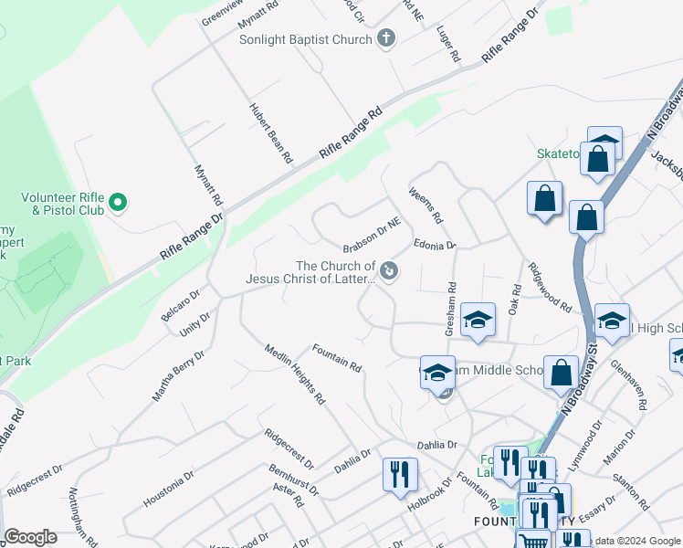 map of restaurants, bars, coffee shops, grocery stores, and more near 2906 Brabson Drive Northeast in Knoxville