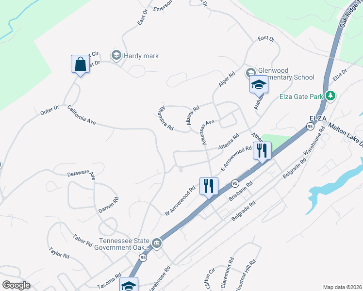 map of restaurants, bars, coffee shops, grocery stores, and more near 240 Alhambra Road in Oak Ridge