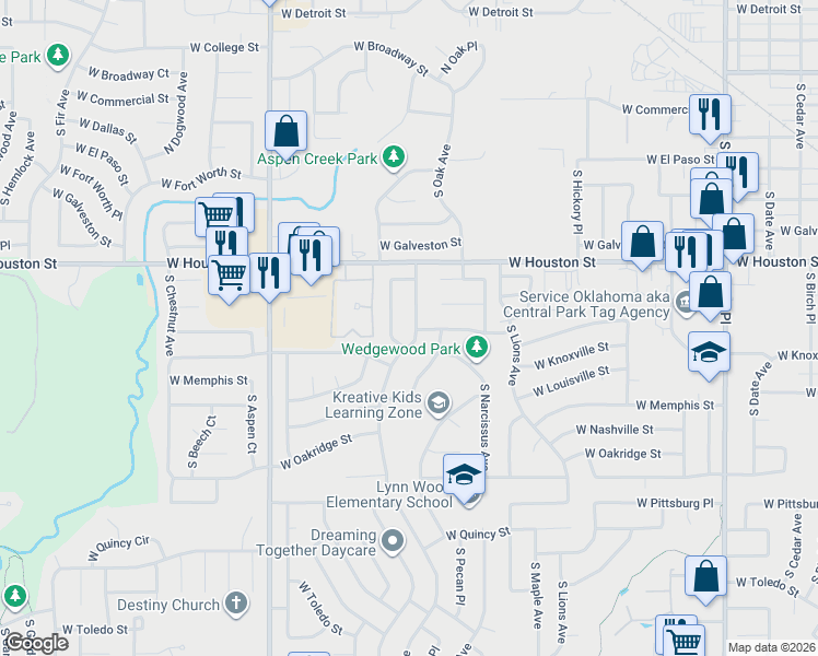 map of restaurants, bars, coffee shops, grocery stores, and more near 901 South Poplar Avenue in Broken Arrow