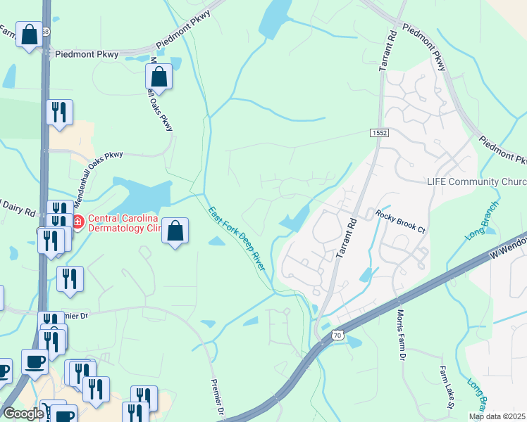 map of restaurants, bars, coffee shops, grocery stores, and more near 3623 Sainsbury Lane in Greensboro