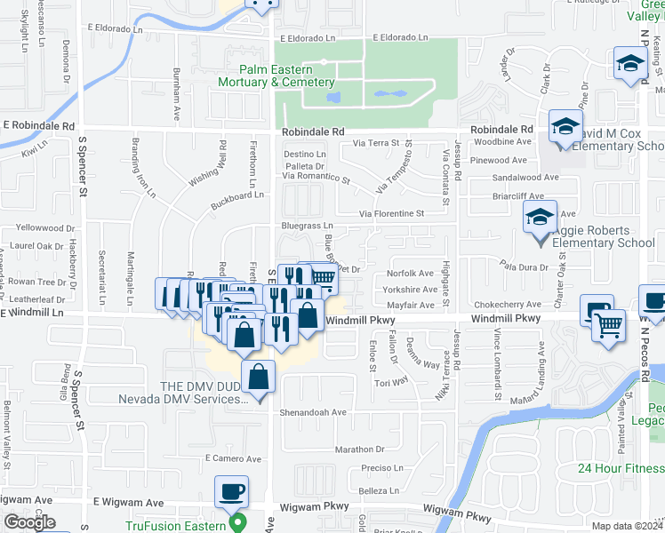 map of restaurants, bars, coffee shops, grocery stores, and more near 2779 Carnation Lane in Henderson