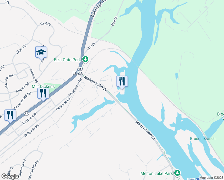map of restaurants, bars, coffee shops, grocery stores, and more near 57 Riverview Drive in Oak Ridge