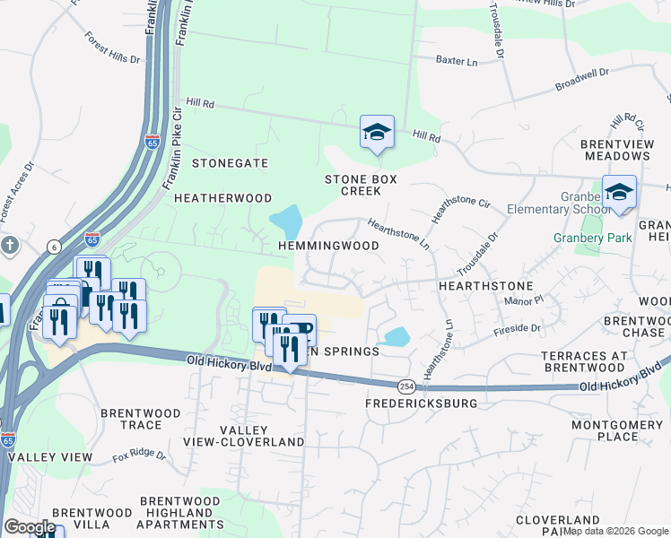 map of restaurants, bars, coffee shops, grocery stores, and more near 5521 Hearthstone Lane in Brentwood