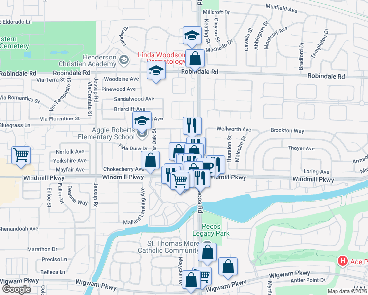 map of restaurants, bars, coffee shops, grocery stores, and more near 220 Hollyfern Street in Henderson