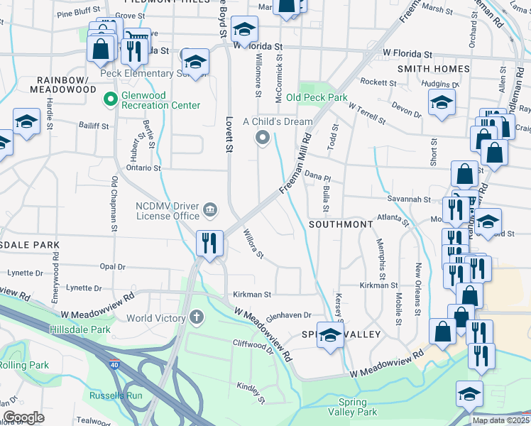 map of restaurants, bars, coffee shops, grocery stores, and more near 2311 Freeman Mill Road in Greensboro