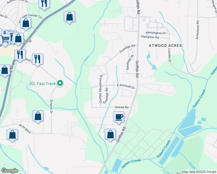 map of restaurants, bars, coffee shops, grocery stores, and more near 2520 Farm Acres Court in Winston-Salem