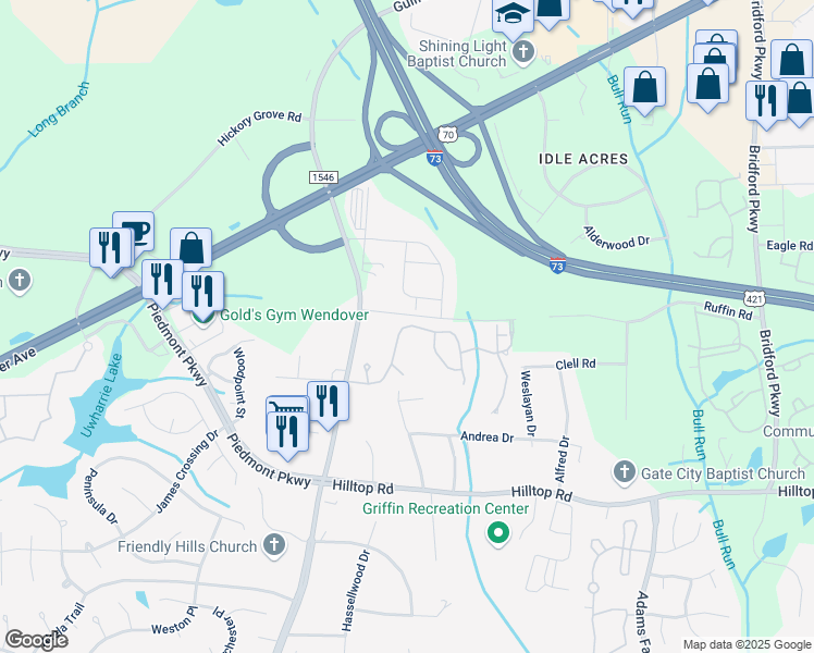 map of restaurants, bars, coffee shops, grocery stores, and more near 5816 General Arthurs Lane in Jamestown