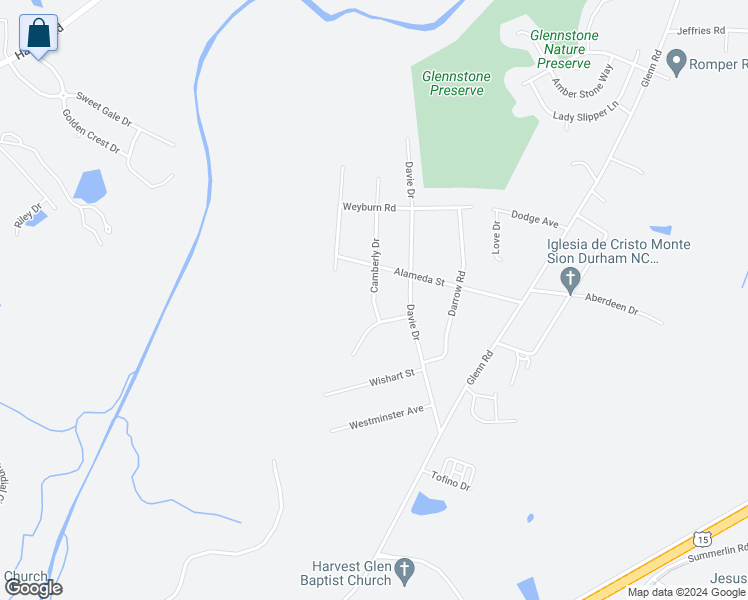 map of restaurants, bars, coffee shops, grocery stores, and more near 2916 Camberley Drive in Durham