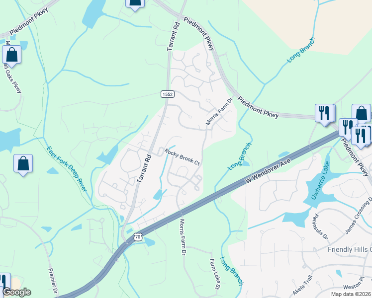 map of restaurants, bars, coffee shops, grocery stores, and more near 3725 Morris Farm Drive in Greensboro