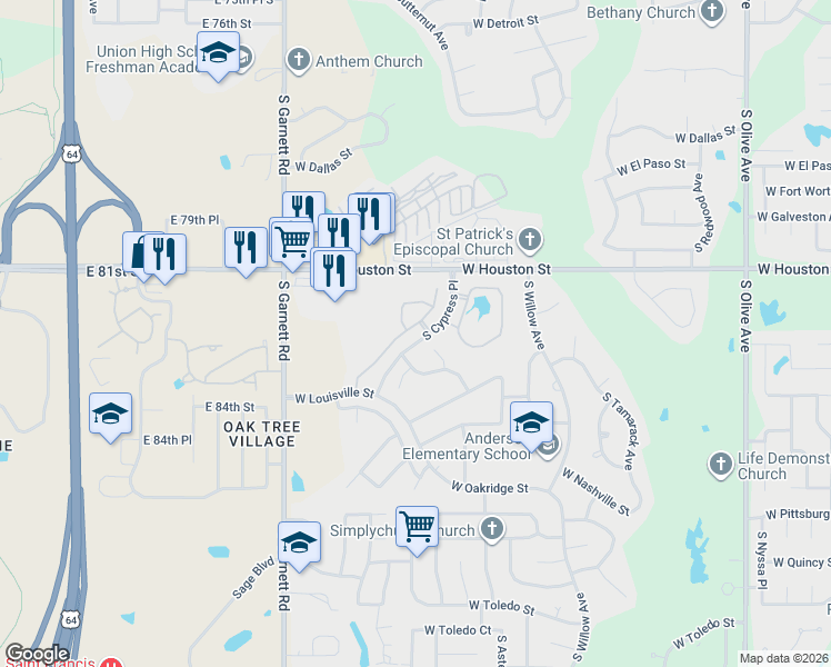map of restaurants, bars, coffee shops, grocery stores, and more near 4705 West Indianola Street in Broken Arrow