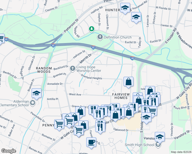 map of restaurants, bars, coffee shops, grocery stores, and more near 3820 Overland Heights in Greensboro