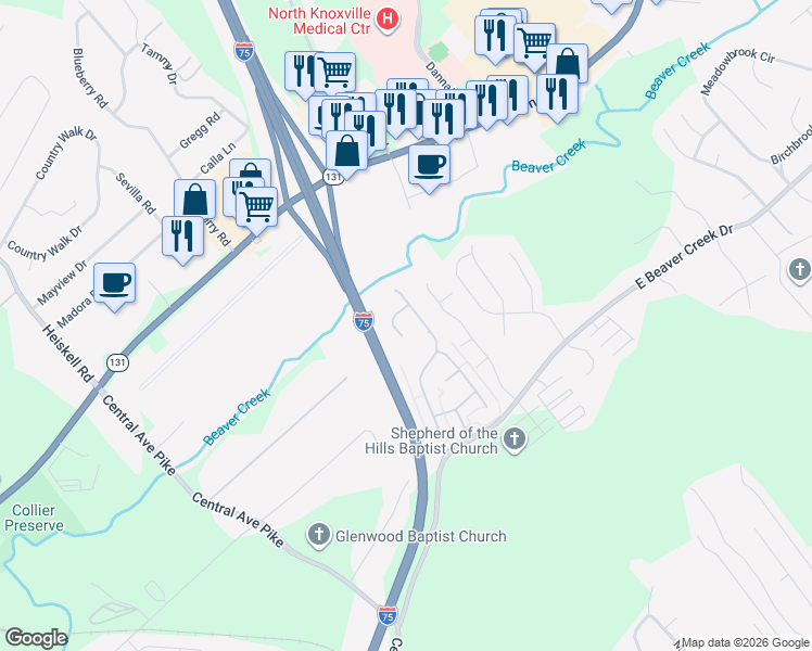 map of restaurants, bars, coffee shops, grocery stores, and more near 414 Toronto Lane in Knoxville
