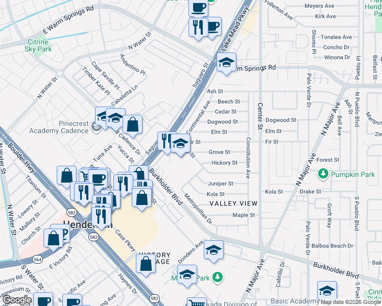map of restaurants, bars, coffee shops, grocery stores, and more near Ivy Street in Henderson