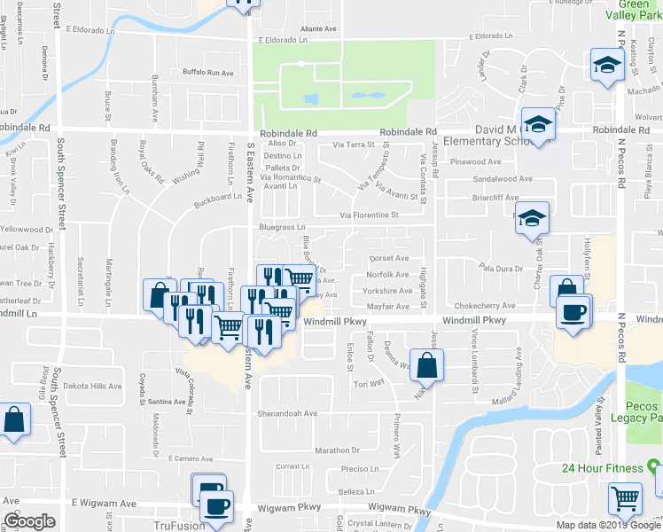 map of restaurants, bars, coffee shops, grocery stores, and more near 2817 Blue Bonnet Drive in Henderson