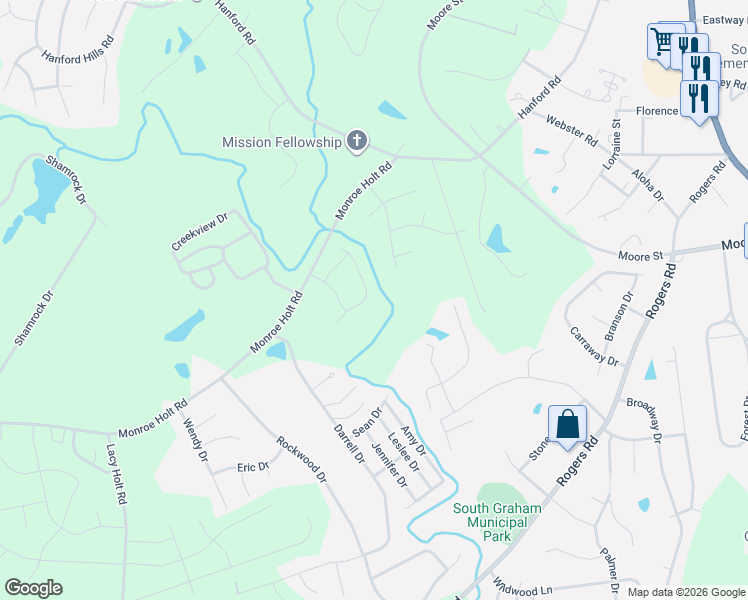 map of restaurants, bars, coffee shops, grocery stores, and more near 734 Aspenwood Drive in Graham
