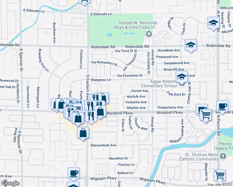 map of restaurants, bars, coffee shops, grocery stores, and more near 2817 Blue Bonnet Drive in Henderson