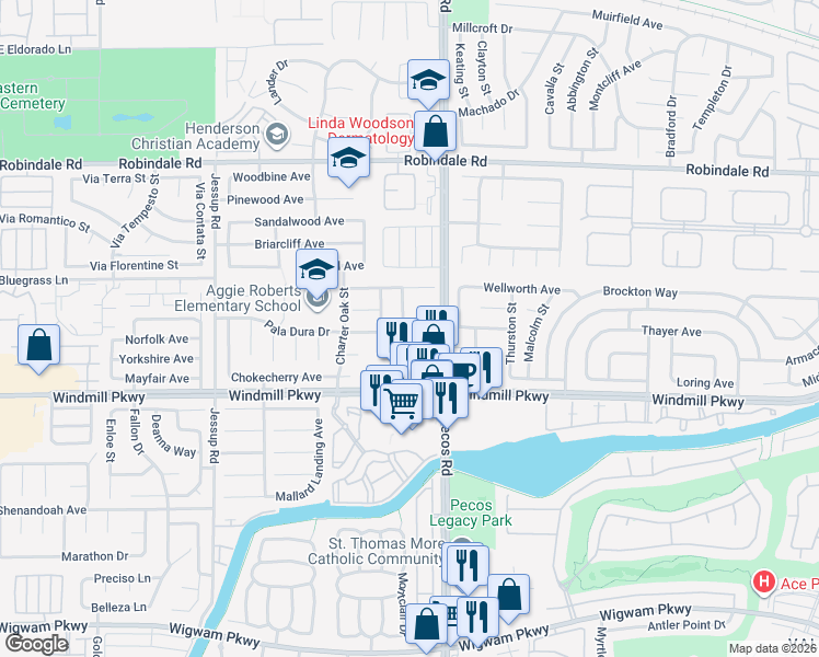 map of restaurants, bars, coffee shops, grocery stores, and more near 220 Hollyfern Street in Henderson