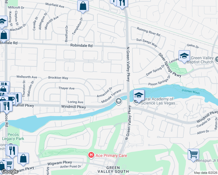 map of restaurants, bars, coffee shops, grocery stores, and more near 2218 Armacost Drive in Henderson