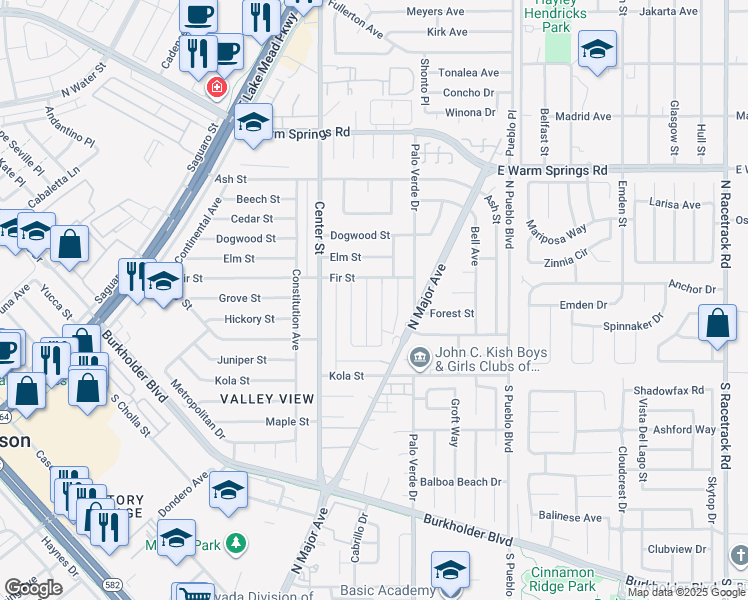 map of restaurants, bars, coffee shops, grocery stores, and more near 858 Fairview Drive in Henderson