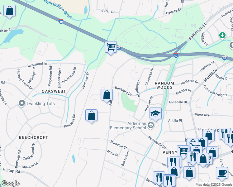 map of restaurants, bars, coffee shops, grocery stores, and more near 1805 Fairfax Road in Greensboro