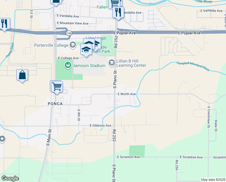 map of restaurants, bars, coffee shops, grocery stores, and more near 1137 South Plano Street in Porterville