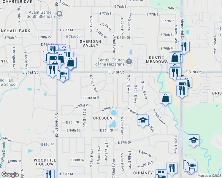 map of restaurants, bars, coffee shops, grocery stores, and more near 7119 East 82nd Street South in Tulsa