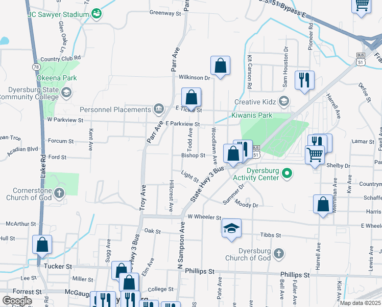 map of restaurants, bars, coffee shops, grocery stores, and more near 1320 Todd Avenue in Dyersburg