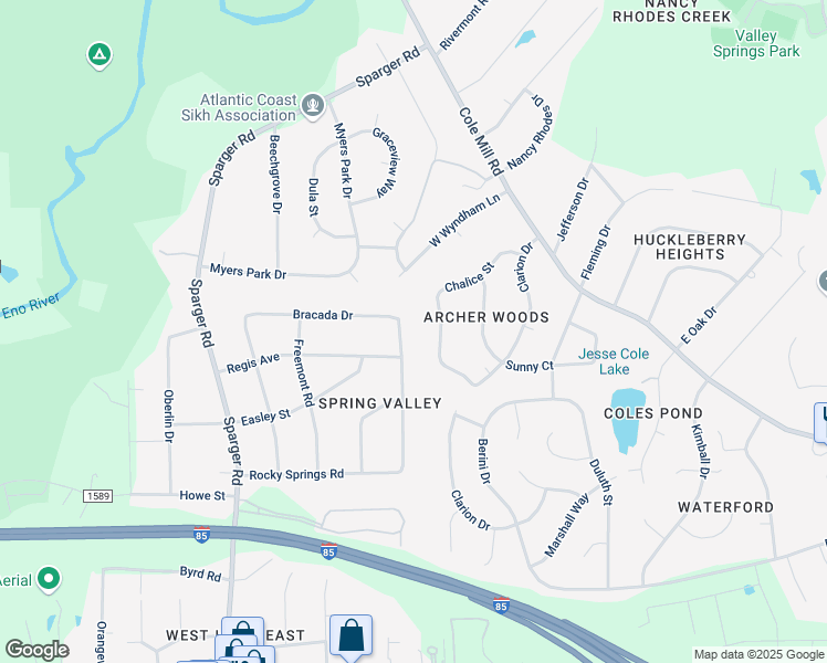 map of restaurants, bars, coffee shops, grocery stores, and more near 717 Chalice Street in Durham