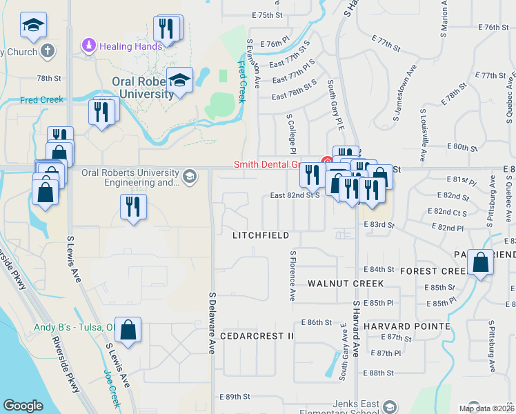 map of restaurants, bars, coffee shops, grocery stores, and more near 8202 South College Avenue East in Tulsa